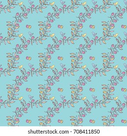 Vintage Floral Seamless Background with Birds, Vector watercolor Illustration