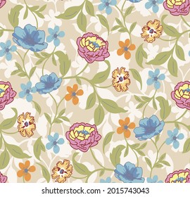 Vintage floral seamless background with blooming roses and garden flowers. Vector pattern. vector flowers pattern on beige background