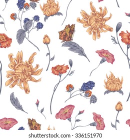 Vintage Floral Seamless Background with Blooming Chrysanthemums. Vector Illustration on a White Background.