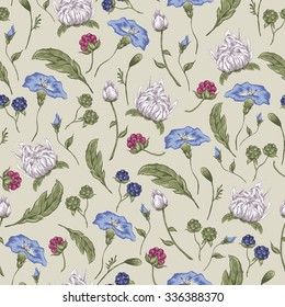 Vintage Floral Seamless Background with Blooming Chrysanthemums. Vector Illustration on a Beige Background.