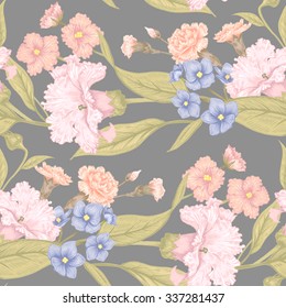 Vintage Floral seamless background with blooming dahlias and violets. Vector floral illustration.