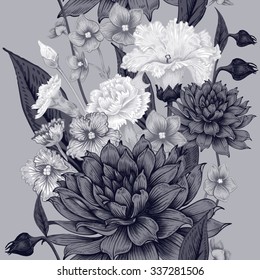 Vintage Floral seamless background with blooming dahlias and violets. Vector floral illustration.