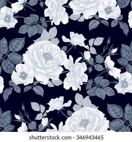 Vintage floral seamless background with blooming roses. Vector pattern. Black and white Illustration for use in interior design, artwork, dishes, clothing, packaging, greeting cards, store windows.