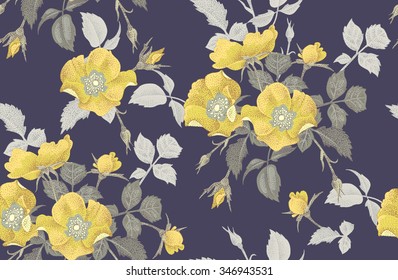 Vintage floral seamless background with blooming roses. Vector pattern. Illustration for use in interior design, artwork, dishes, clothing, packaging, greeting cards, store windows.