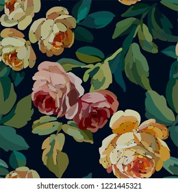 Vintage floral seamless background pattern. Blooming garden flowers. Vector illustration in hand drawn style.

