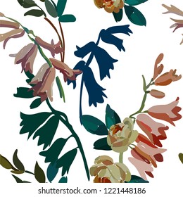 Vintage floral seamless background pattern. Blooming garden bell flowers. Vector illustration in hand drawn style.
