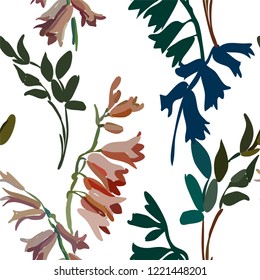 Vintage floral seamless background pattern. Blooming garden bell flowers. Vector illustration in hand drawn style.
