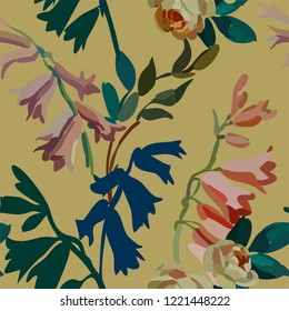Vintage floral seamless background pattern. Blooming garden bell flowers. Vector illustration in hand drawn style.
