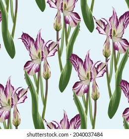 Vintage florales, nahtloses Hintergrundmuster. Schöne Tulpen mit Knospen und Blättern auf blauem Hintergrund. 