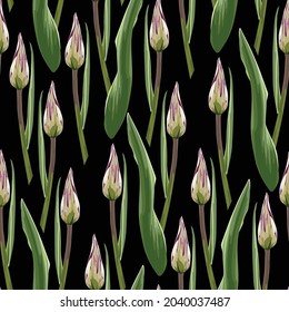 Vintage floral seamless background pattern. Beauty tulips flower bud and leaves on black background. 