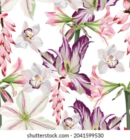 Vintage floral seamless background pattern. Beauty tulips with pink exotic flowers on white background. 