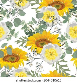 Vintage florales, nahtloses Hintergrundmuster. Schöne Sonnenblumen und Peronenblumen mit Eukalyptus auf weißem Hintergrund. 