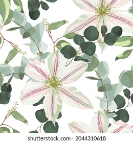 Vintage floral seamless background pattern. Beautiful clematis flowers with eucalyptus  on white background. 