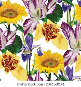 Patrón de fondo vintage floral sin costuras. Hermosa flor de tulipanes con tigridia, girasoles y flores clematis sobre fondo blanco. 