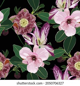 Vintage floral seamless background pattern. Beautiful tulips flower with magnolia on black background. 