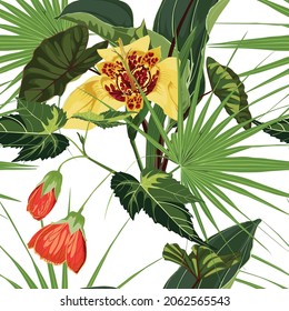 Vintage florales, nahtloses Hintergrundmuster. Schöne Lilienblume mit Tigridien, Orchideen und Palmenblätter auf weißem Hintergrund. 