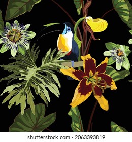 Vintage floral seamless background pattern. Beautiful lilies, orchids flower with palm monstera leaves on black background. 