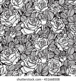 Vintage floral seamless black and white pattern with hand drawn roses