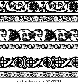 Vintage floral seamless borders set. High quality vector. One or two tone available. All colors are editable.