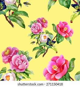 Vintage Floral Seamless on yellow Background with Roses, Butterfly and Wild flowers, Vector watercolor Illustration