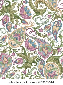 Vintage floral seamless paisley pattern. Traditional persian pickles ornament. Fabric, textile, card background, wrapping paper, wallpaper template.