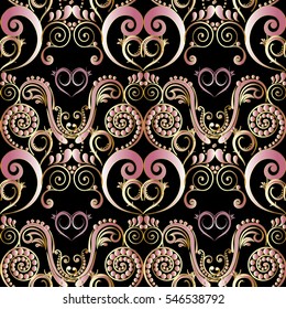 Vintage floral seamless pattern. 3d flourish wallpaper. Flowery  black background with pink and gold decorative flowers, swirl leaves and curly ornaments. Vector ornate fabric pattern. 