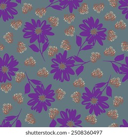 Vintage floral seamless pattern with abstract flowers, leaves and berries in provence style. Hand drawn watercolor illustration for wallpapers or textile, design elements on grey-blue background