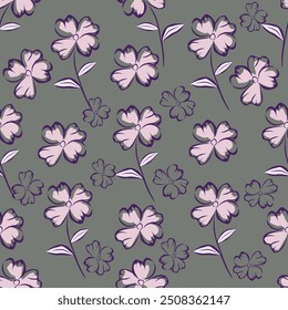 Patrón sin fisuras floral de Antiguas con flores abstractas, hojas y bayas en estilo provenzal. Ilustración de acuarela dibujada a mano para Fondos de pantalla o textiles, Elementos de diseño sobre fondo gris-azul