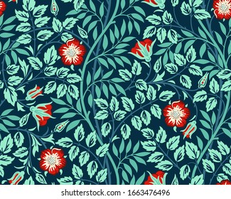 Vintage floral seamless pattern background with red roses and foliage in the dark. Vector illustration.
