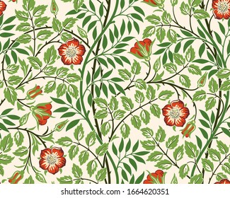 Vintage floral seamless pattern background with red roses and foliage on light background. Vector illustration.