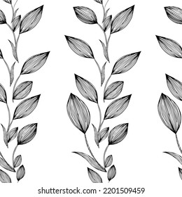 Vintage floral seamless pattern, background. Tender branches and flower buds. Black contour on a white background. Evening For printing on textiles, wrapping material and for your best decor.