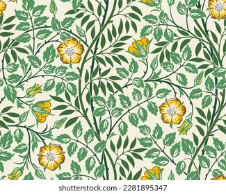 Vintage floral seamless pattern background with yellow roses and foliage on light background. Vector illustration.