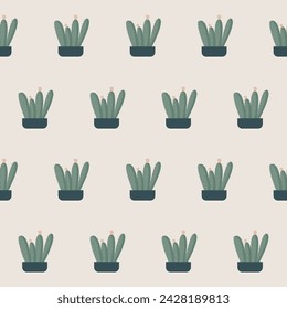 Vintage Floral Seamless Pattern Background. Potted Domestic Plant Flower Textile Fabric Pattern Background Design. Houseplant Abstract Doodle Design Element Digital Wrapping, Wallpaper Paper Print. 