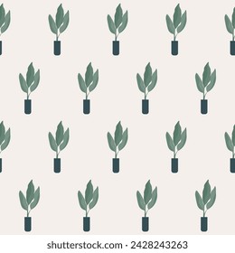 Vintage Floral Seamless Pattern Background. Potted Domestic Plant Flower Textile Fabric Pattern Background Design. Houseplant Abstract Doodle Design Element Digital Wrapping, Wallpaper Paper Print. 