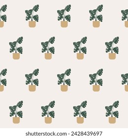 Vintage Floral Seamless Pattern Background. Potted Domestic Plant Flower Textile Fabric Pattern Background Design. Houseplant Abstract Doodle Design Element Digital Wrapping, Wallpaper Paper Print. 