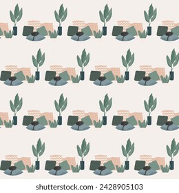 Fondo de patrón sin costuras floral vintage. Patrón de tela de la flor de la planta doméstica en macetas Diseño de fondo. 