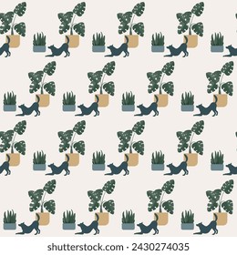 Vintage Floral Seamless Pattern Background. Potted Domestic Plant Flower Textile Fabric Pattern Background Design. 