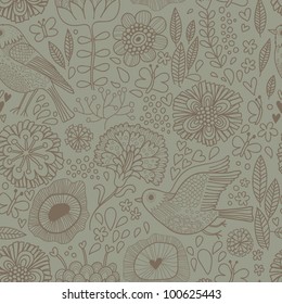 Vintage floral seamless pattern with beautiful birds