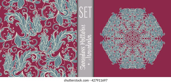  Vintage floral seamless pattern and Beautiful Deco Mandala Set. Vector illustration.