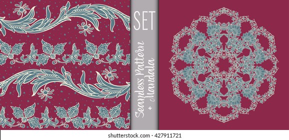  Vintage floral seamless pattern and Beautiful Deco Mandala Set. Vector illustration.