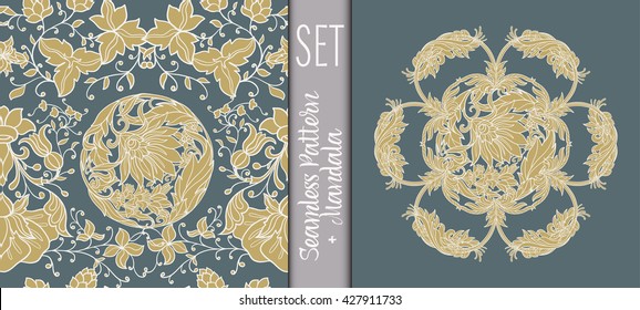  Vintage floral seamless pattern and Beautiful Deco Mandala Set. Vector illustration.