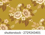 Vintage floral seamless pattern with beige flowers and brown leaves on mustard yellow background, elegant classic botanical design for textile fabric wallpaper and interior decor.