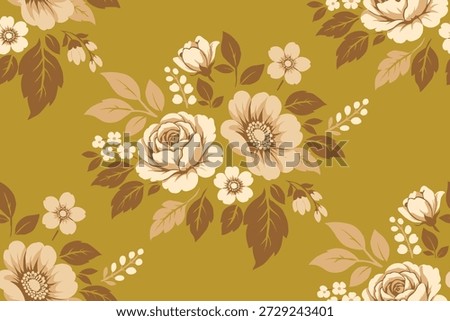 Vintage floral seamless pattern with beige flowers and brown leaves on mustard yellow background, elegant classic botanical design for textile fabric wallpaper and interior decor.