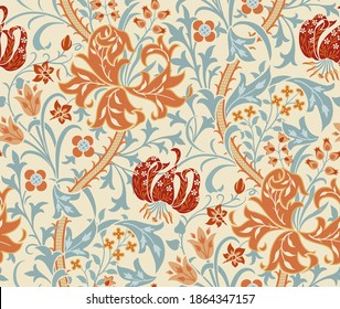 Vintage floral seamless pattern with big flowers, lily and foliage on light background. Vector illustration.