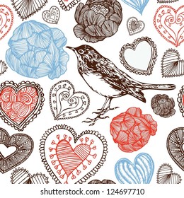 Vintage floral seamless pattern with bird