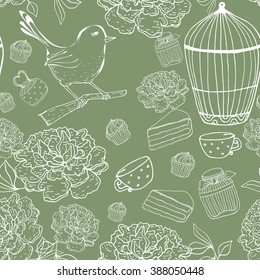 Vintage floral seamless pattern with bird, cage, peons. Vector outline hand drawn texture. Green background