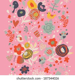 Vintage floral seamless pattern with birds and flowers. Romantic border in vector can be used for wallpaper, web page backgrounds, surface textures. Gorgeous seamless floral background