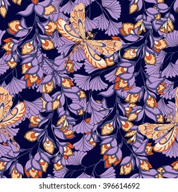 Vintage Floral seamless pattern with birds and butterflies.  Vector illustration.