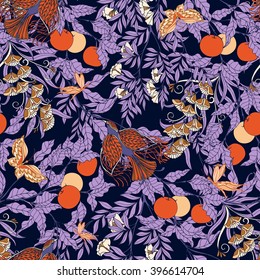 Vintage Floral seamless pattern with birds and butterflies.  Vector illustration.