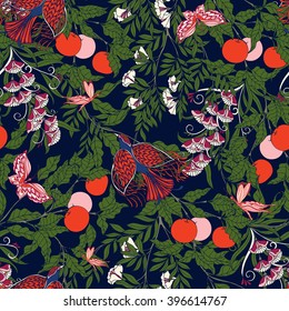 Vintage Floral seamless pattern with birds and butterflies.  Vector illustration.